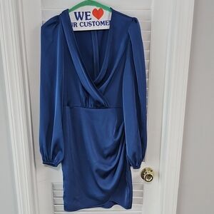 Elegant Blue Ruched Long Sleeve Dress
